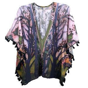Anthropologie Pink and Green Tree-Print Tassel Kimono